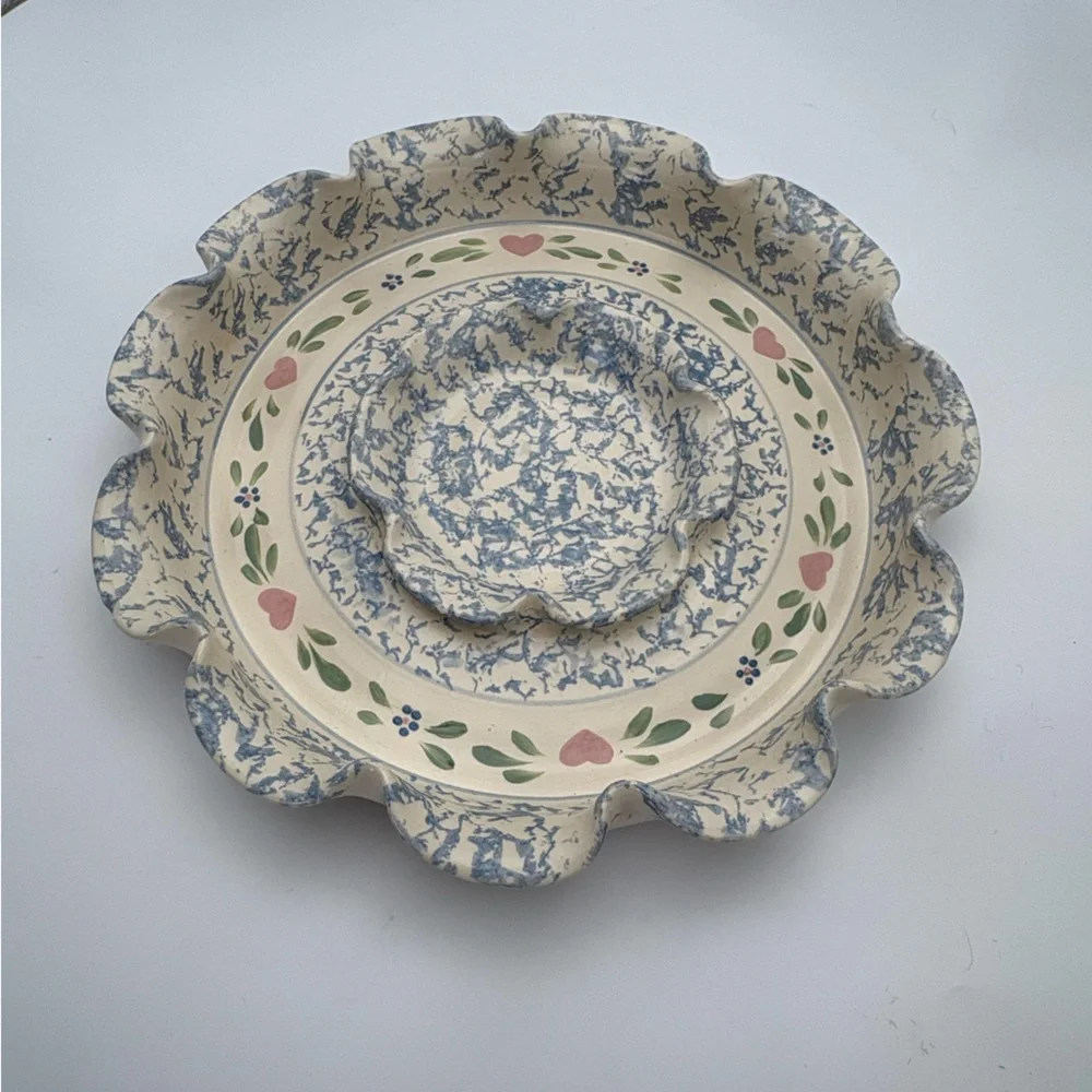 Vintage Floral Scalloped Pottery  Chip and Dip Platter with Hearts